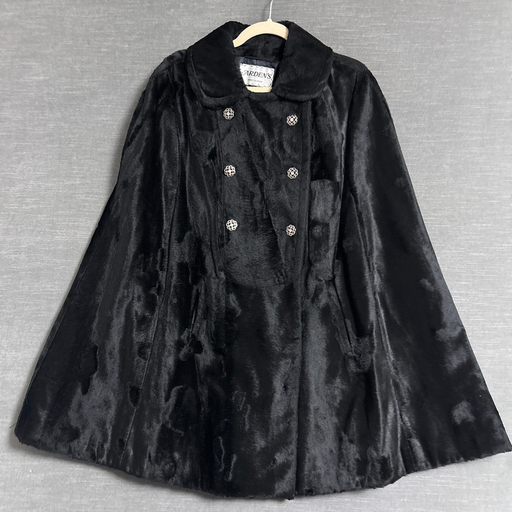 Vintage Cape Black Faux Fur Double Breasted Elegant Overcoat 70s Glam Maximalist